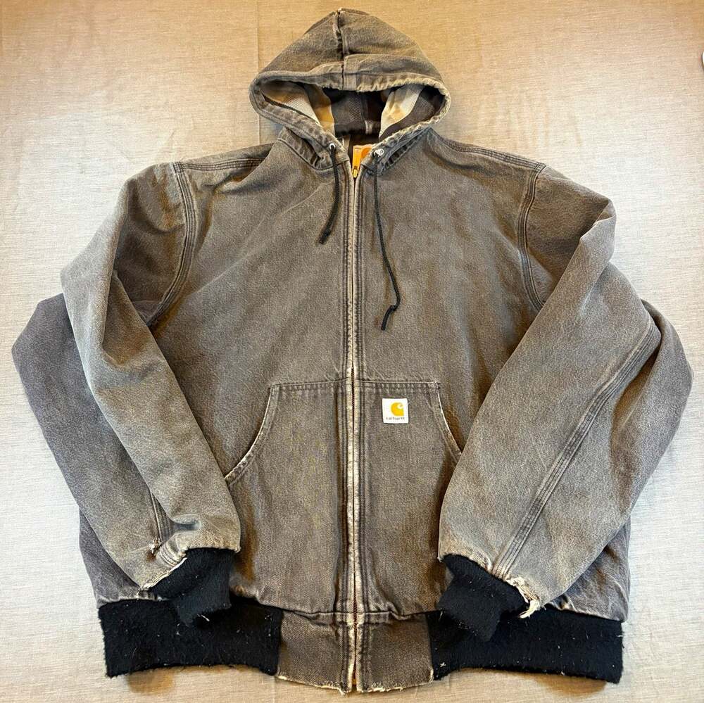 Vintage Carhartt Gray Black Distressed Canvas Zip Jacket Hooded Flannel Lined XL